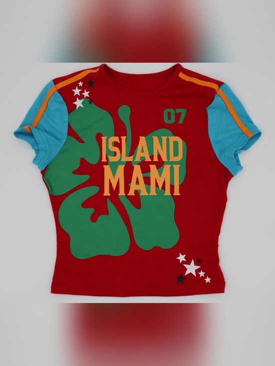somwon Tops - Island Mami Baby Doll Tee Small Red Yellow Blue Graphic